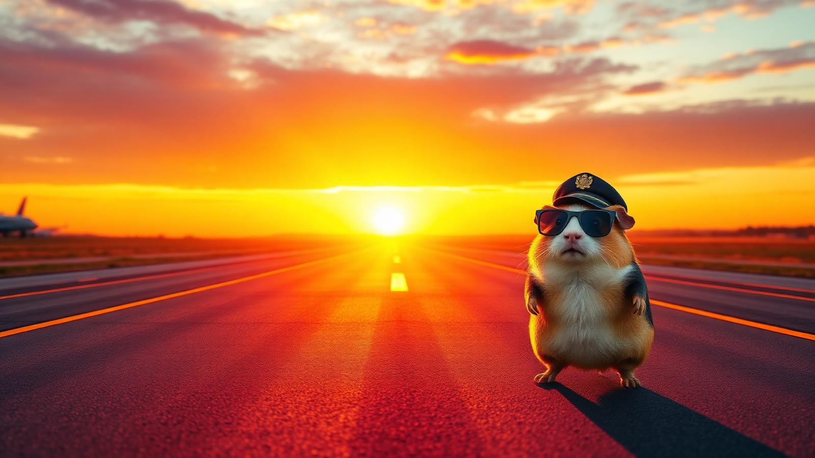 Cavy Air guinea pig captain on a golden-hour runway